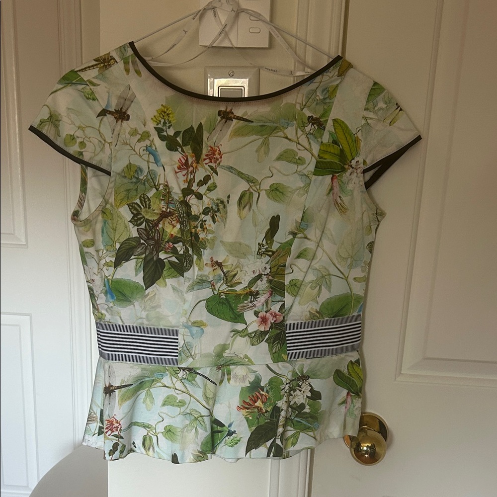 Tristan Botanical Peplum Blouse in Green and White